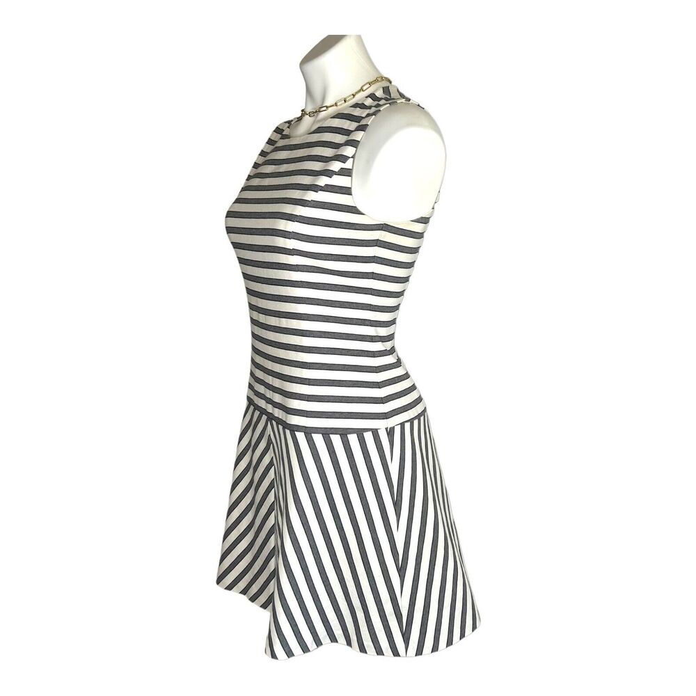 THEORY‎ Striped Fit and Flare Drop Waist Mini Dress Ivory Gray Navy Blue Size 2 - Picture 3 of 11